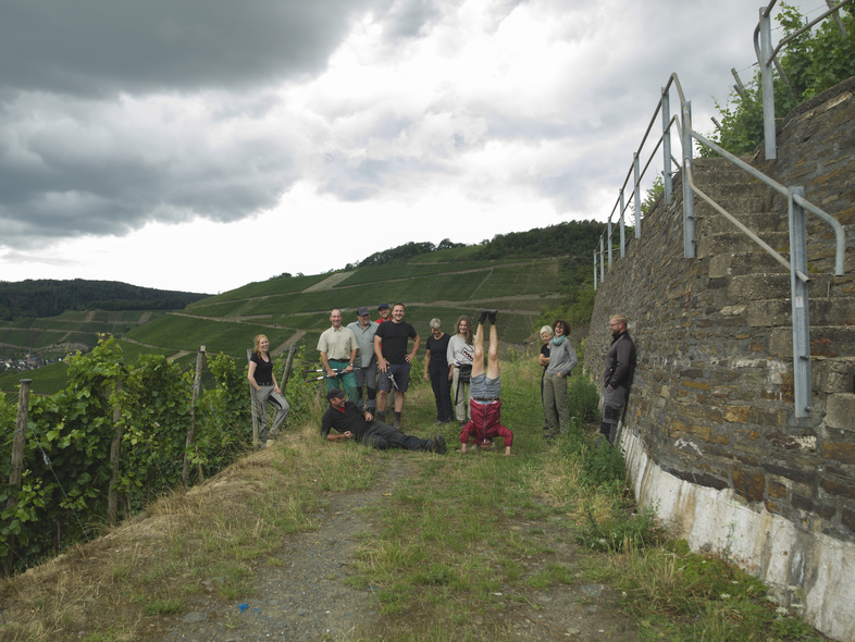 Das gesamte Team von Bertram Baltes machen Fachsen vor den Weinreben