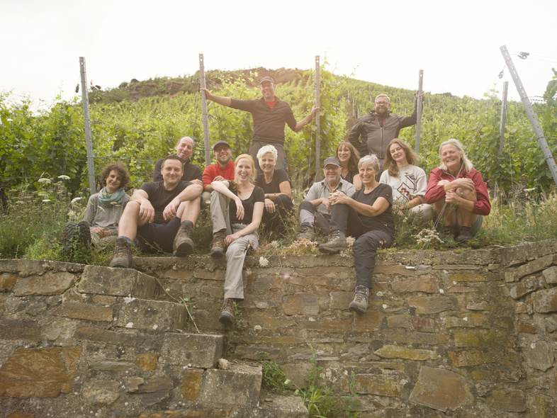 Das gesamte Team von Bertram Baltes auf einer Mauer vor den Weinreben